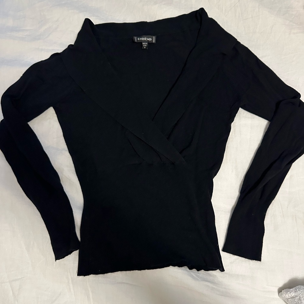 Bebe Elegant Black Long Sleeve Top with Shawl Collar